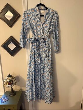 Blue Heron Blue Ikat Print Maxi Shirt Dress with Waist Tie